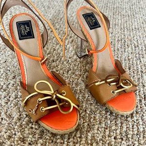 Neon orange and tan heels. Clear block heels